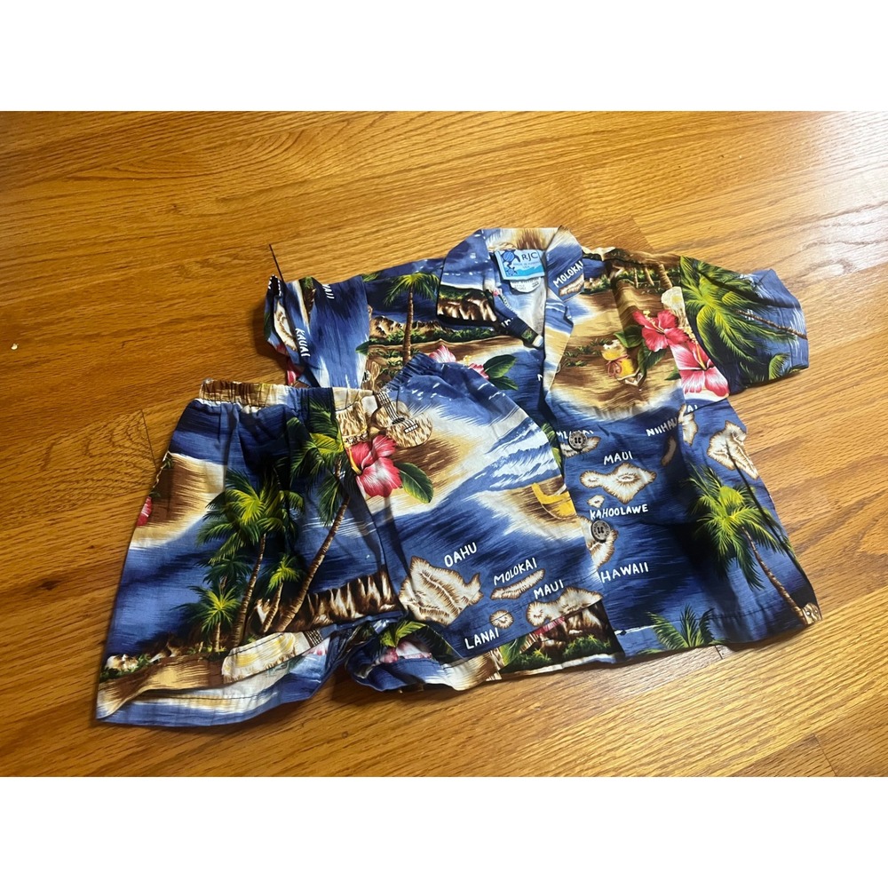 RJC Hawaii Boys 18M Hawaiian Shirt Shorts Set Blue Tropical Island Map Print USA